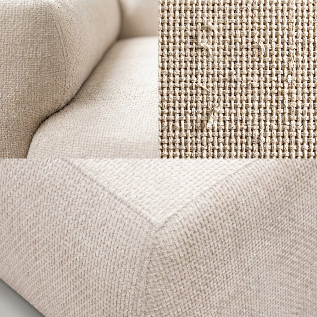 CULVER Sofa im Detail, Naht, grobe Chenille-Bindung und gerundete Armkante – Lorenz Laurent Home