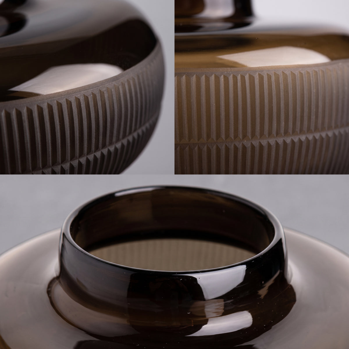 DISCA Vase im Detail, geripptes Band, Rauchglas und kurzer Hals – Lorenz Laurent Home