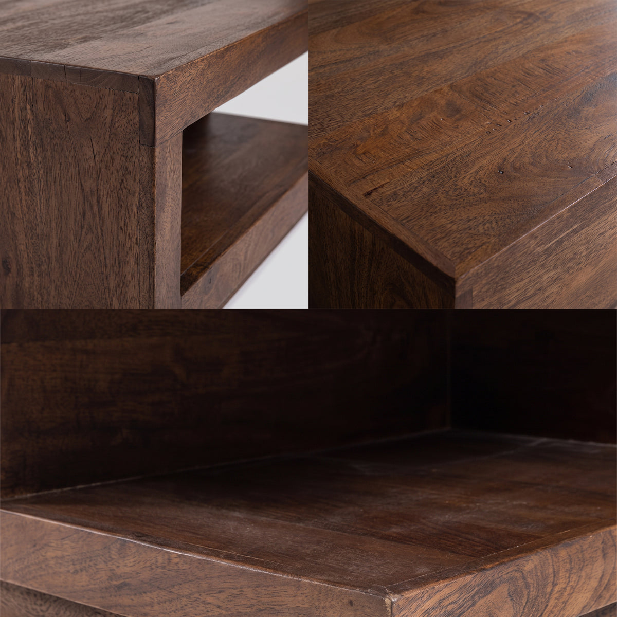 DOLMEN Couchtisch im Detail, Eckverbindung, Maserung des Mangoholzes und offenes Fach – Lorenz Laurent Home