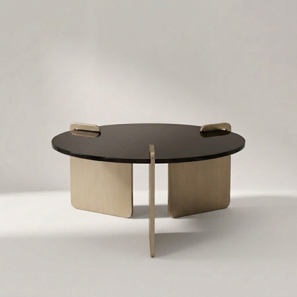 FIBULA Couchtisch mit fast schwarzer Glasplatte auf drei Metallwangen in Champagnerbronze – Lorenz Laurent Home