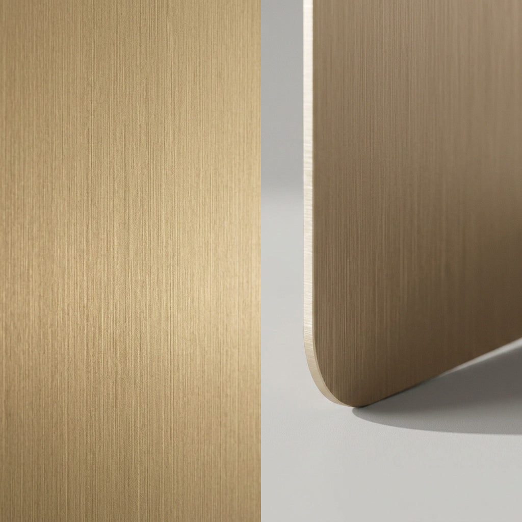 FIBULA Couchtisch im Detail, gebürstetes Metallblech und gerundete Wangenkante – Lorenz Laurent Home
