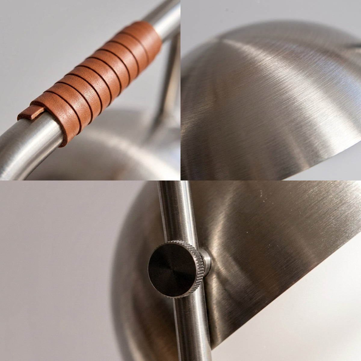 Materialdetails der FYR Tischleuchte mit spiralförmig gewickeltem Ledergriff, gebürsteter Metallkuppel und Kippbolzen – Lorenz Laurent Home