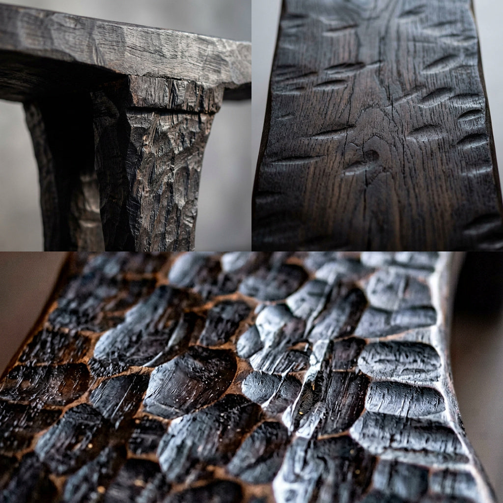 GANGA Couchtisch im Detail, Beinanschluss, Dechselspuren und Schnitzung – Lorenz Laurent Home
