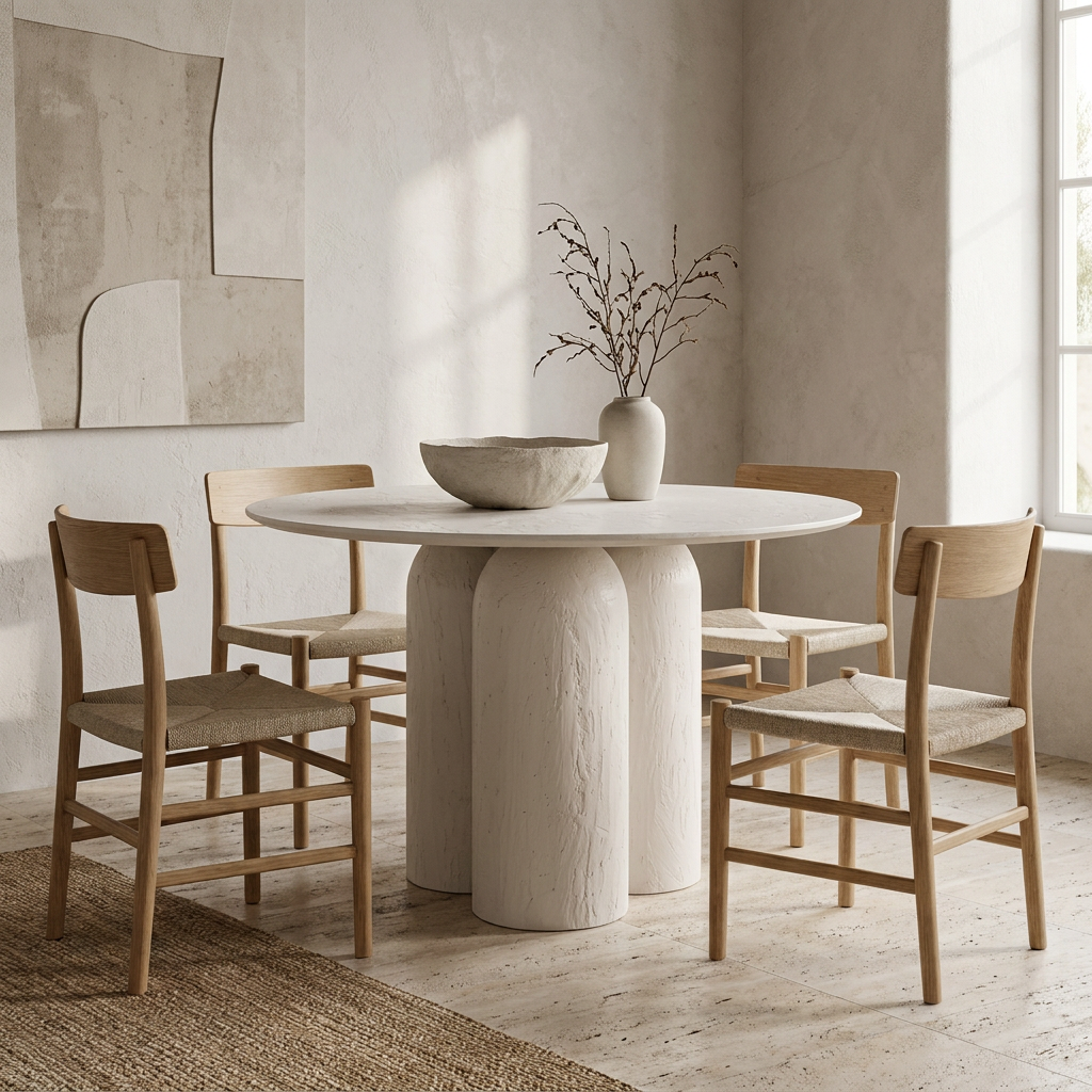 INHA Esstisch aus Mangoholz in Off-white mit großzügiger runder Tischfläche – Lorenz Laurent Home