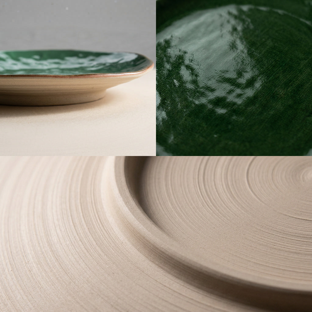 LAGUNA Essteller im Detail, glänzende Glasur, Randkante und unglasierte Unterseite – Lorenz Laurent Home