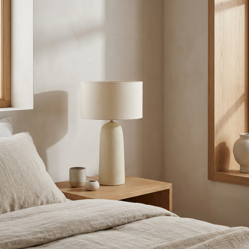LINA Tischlampe mit hellem Gipssockel und handgefertigtem Schirm aus Leinen und Wolle – Lorenz Laurent Home