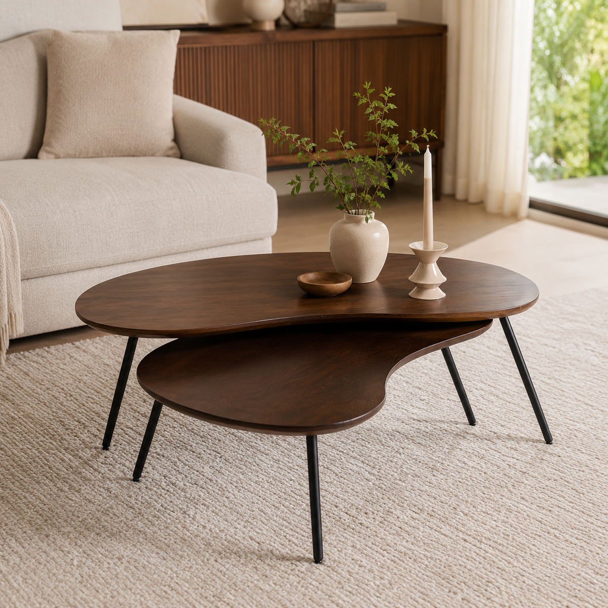 LUDO Couchtisch-Set mit geschwungenen Holzplatten, niedrig mit 39 und 33,5 cm Höhe – Lorenz Laurent Home