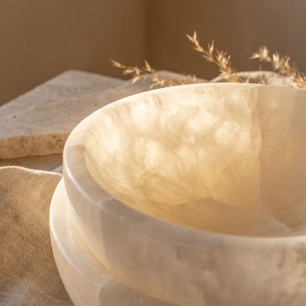 LUMEA Selenit-Schale mit natürlicher Steinstruktur und feinen Linien aus Marokko – Lorenz Laurent Home