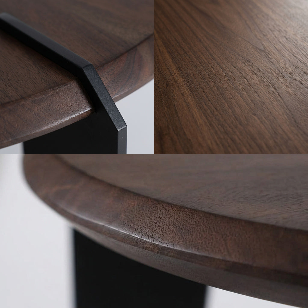 NINFEA Couchtisch im Detail, Holzmaserung, angefaste Kante und schwarze Lasche am Rand – Lorenz Laurent Home