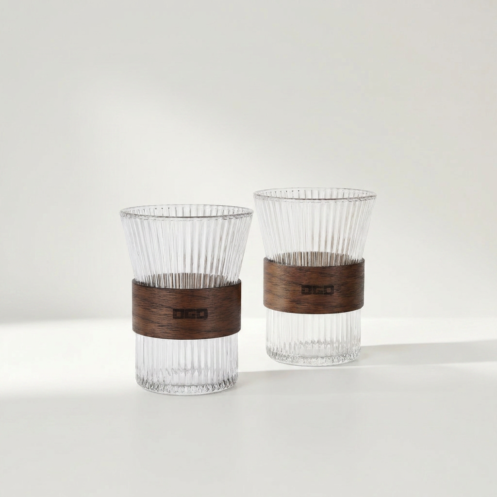 NOKU Glas Set mit zwei Bechern aus Borosilikatglas und dunkler Holzmanschette, je 300 ml – Lorenz Laurent Home
