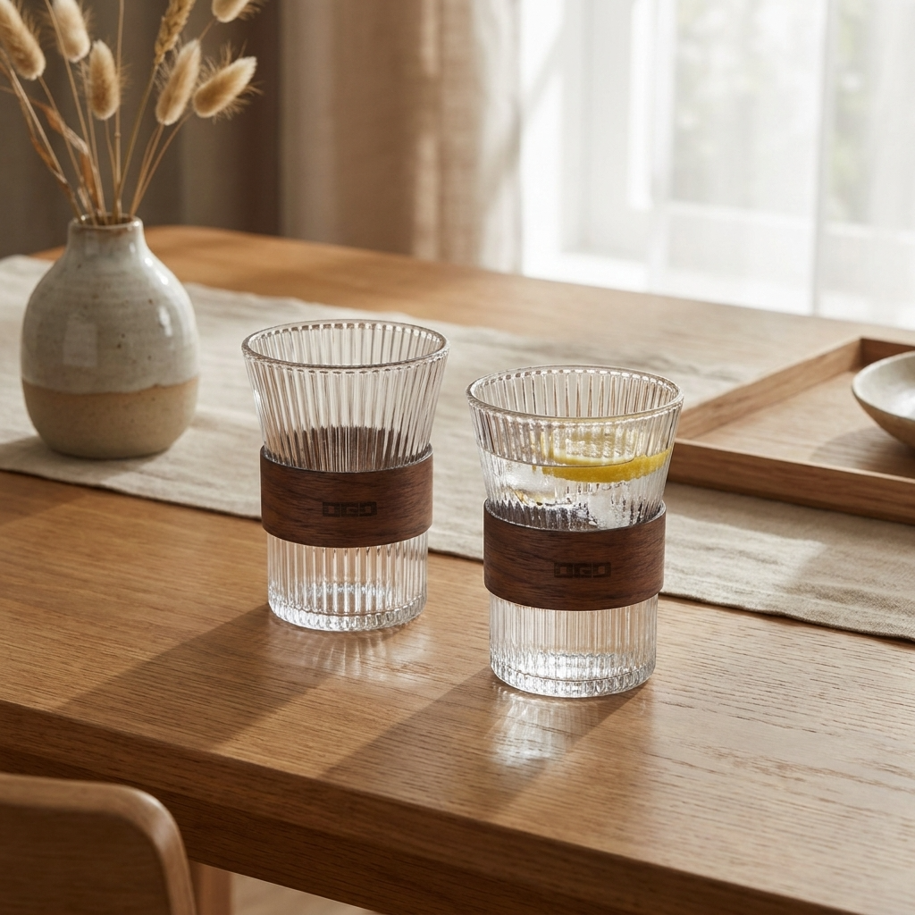 NOKU Glas Set mit gerippter Glasstruktur und dunklem Holz für Kaffee und Tee – Lorenz Laurent Home