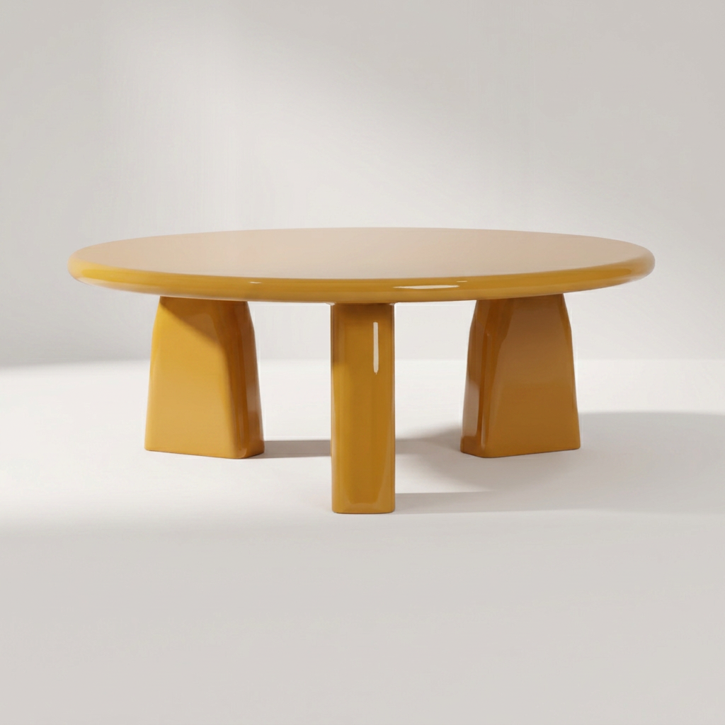 OCRA Couchtisch aus senffarben hochglänzend lackiertem Holz mit drei Keilbeinen – Lorenz Laurent Home