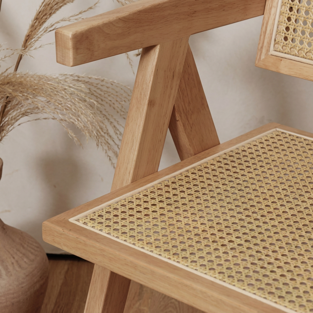 PIERO Stuhl mit Armlehnen aus Massivholz und geflochtenem Rattan, Armlehnenhöhe 66 cm – Lorenz Laurent Home