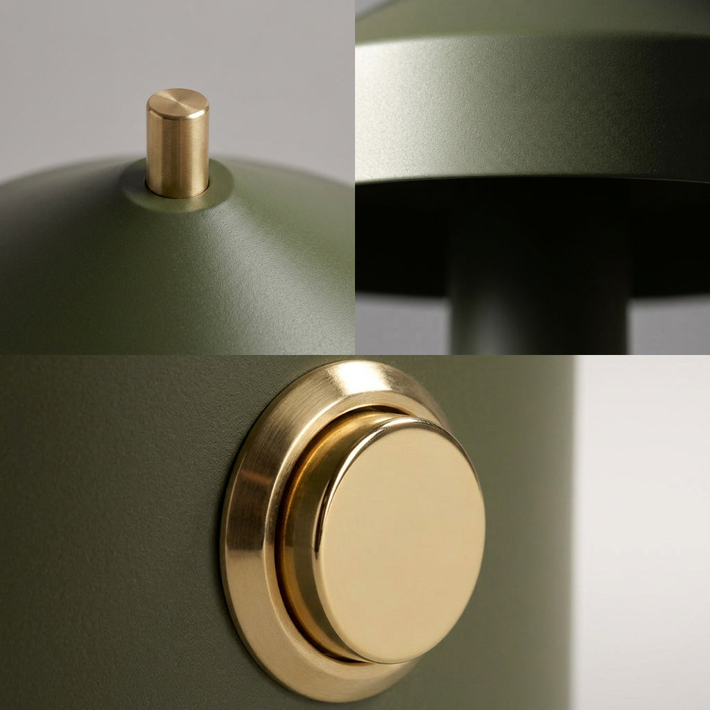 PILEUS Tischleuchte im Detail, Messingknauf, Schirmkante und Bedienknopf – Lorenz Laurent Home