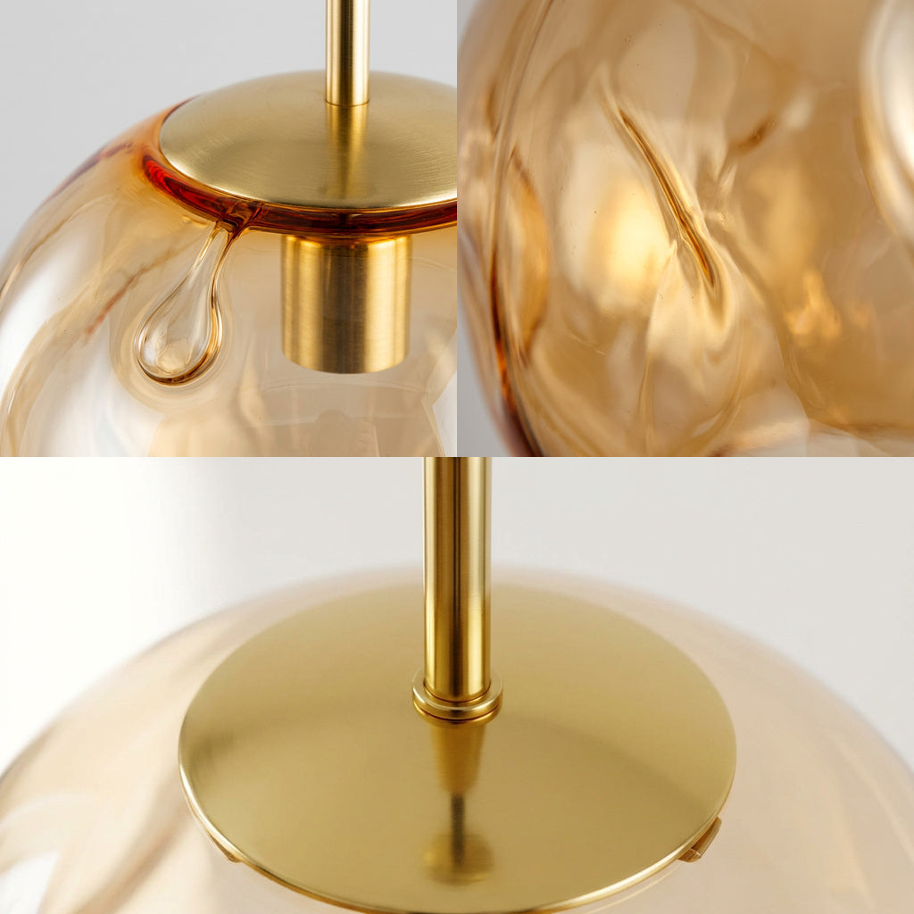 PINEA Pendelleuchte im Detail, mundgeblasenes Bernsteinglas und polierte Messingteile – Lorenz Laurent Home