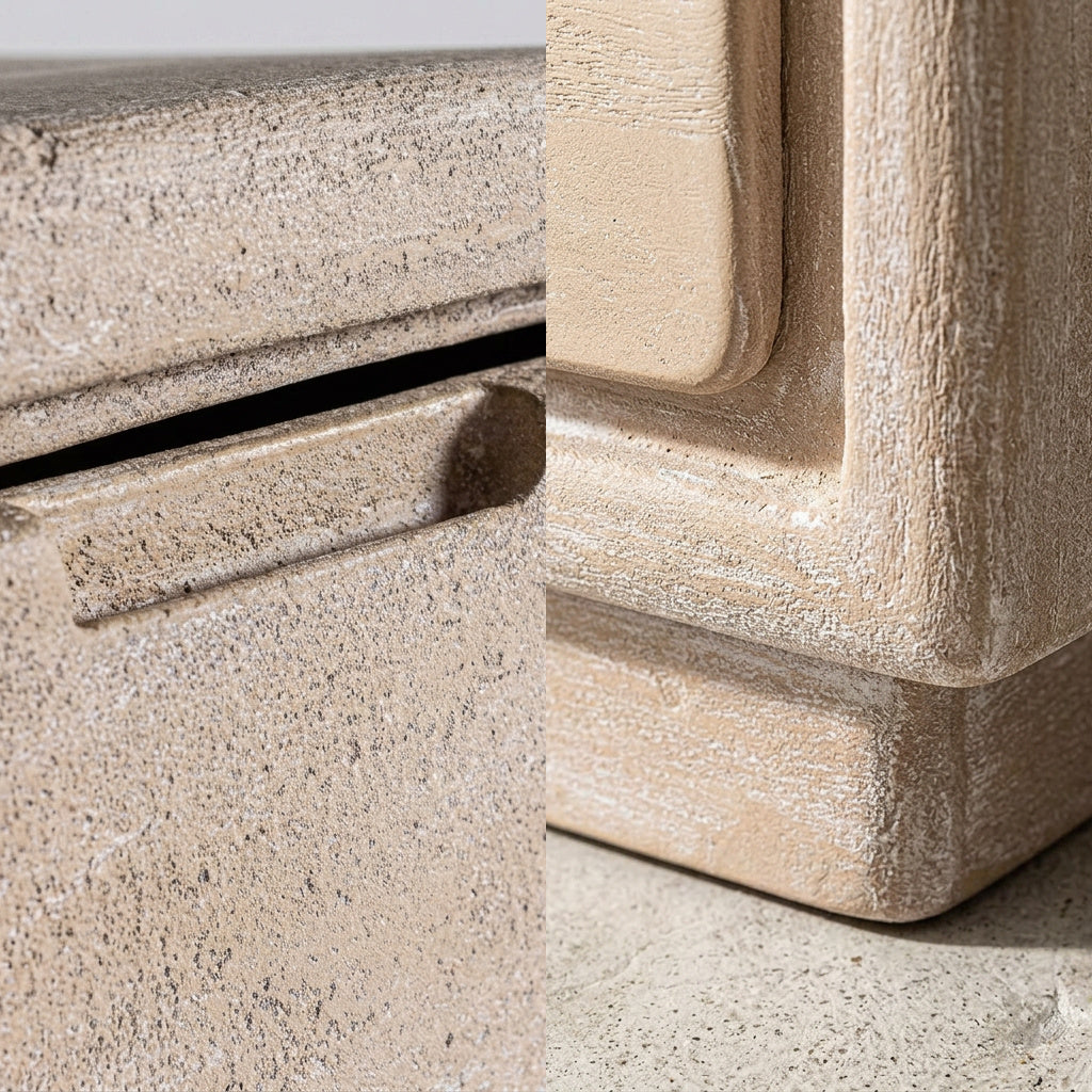 POMA Nachttisch im Detail, Griffmulde und zurückgesetzter Sockel – Lorenz Laurent Home
