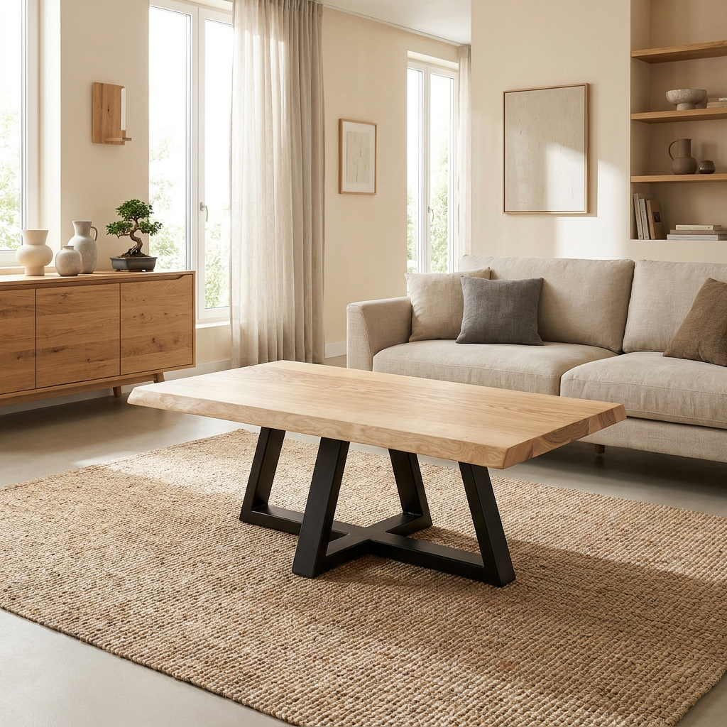 ROMY Couchtisch aus Frankreich mit schwarz pulverbeschichtetem U-Gestell für das Sofa – Lorenz Laurent Home