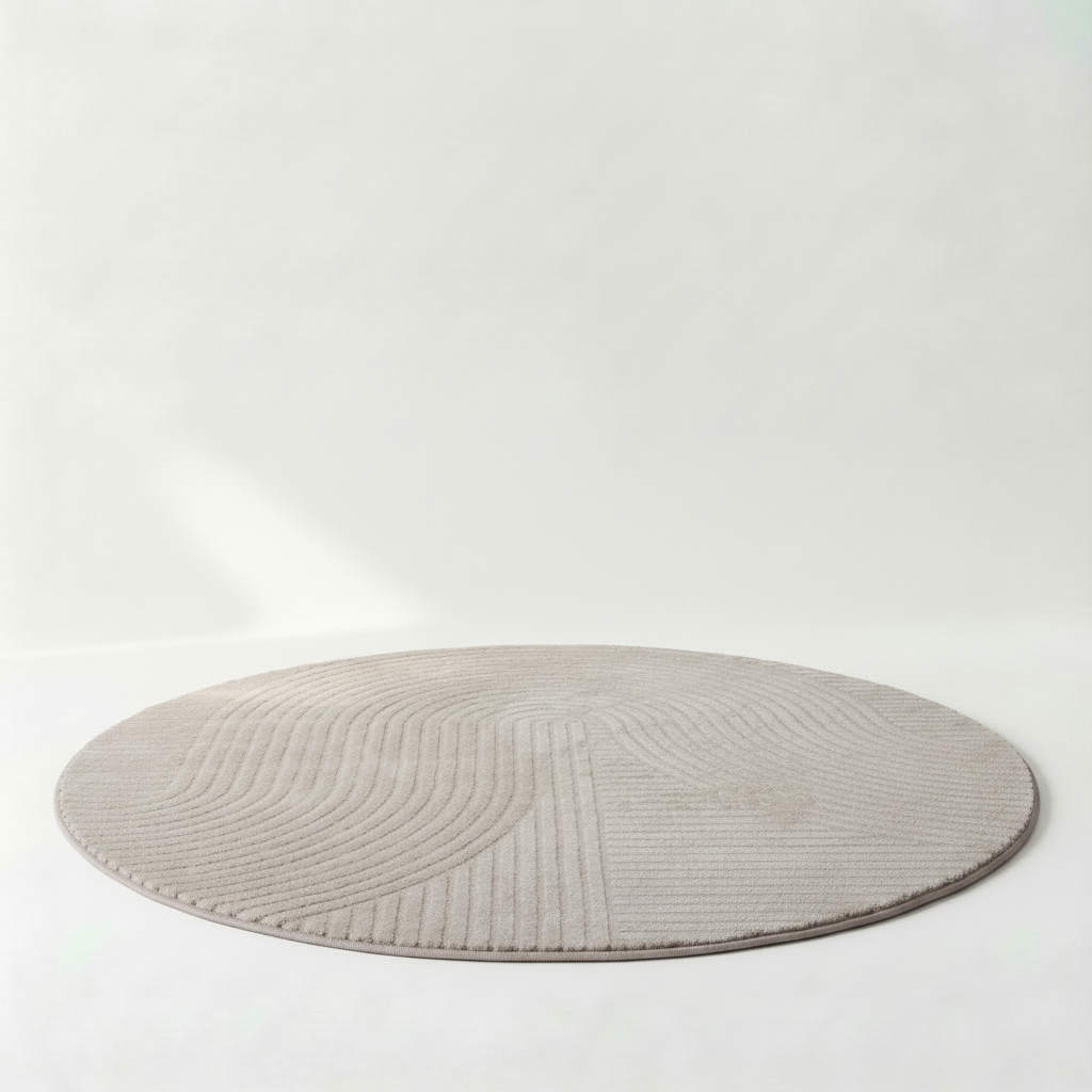 ELLA Rundteppich hellbeige aus Polyester und Polypropylen mit Linienmuster, Ø 160 cm – Lorenz Laurent Home