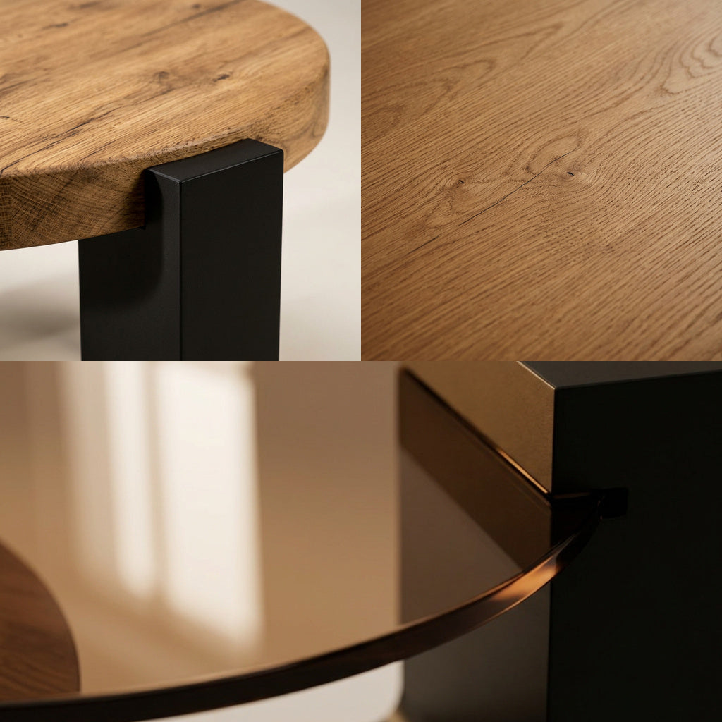 SEPIA Couchtisch im Detail, Eichenkante am Klotzbein, Maserung und Rauchglas – Lorenz Laurent Home