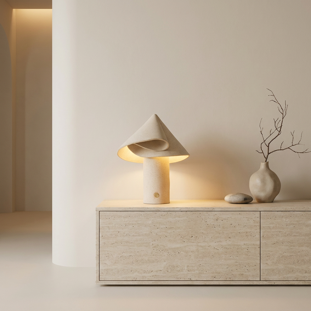 SHAYD Tischlampe mit gefalteter Keramikform in Origami-Anmutung, fein gesprenkelt – Lorenz Laurent Home