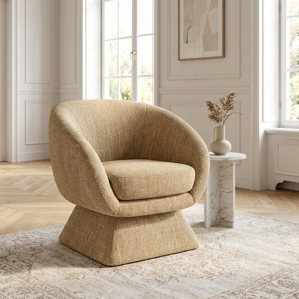 SOLA Sessel in Ockergelb mit Tweedbezug und drehbarem Sockel, 80 cm hoch – Lorenz Laurent Home
