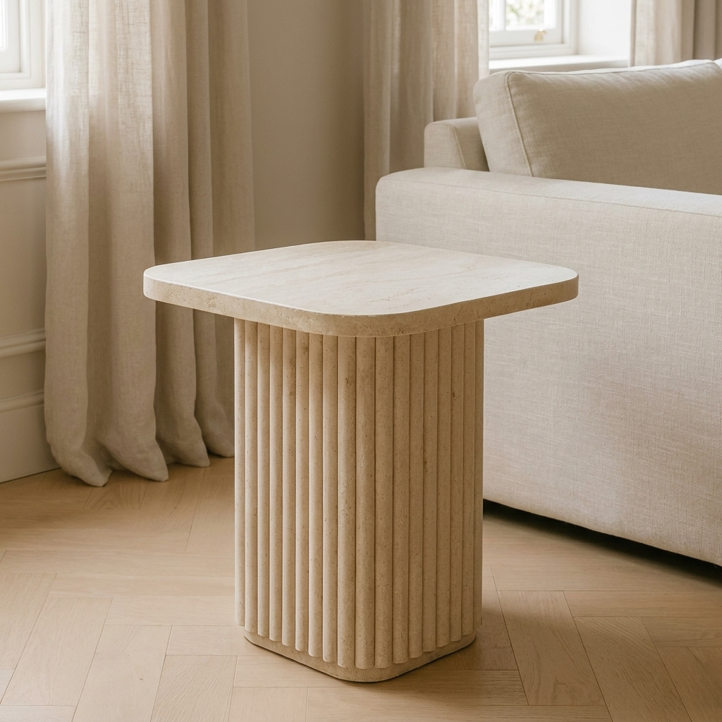 SORA Tisch in warmer Travertin-Optik als Ablage neben Sofa und Sessel – Lorenz Laurent Home