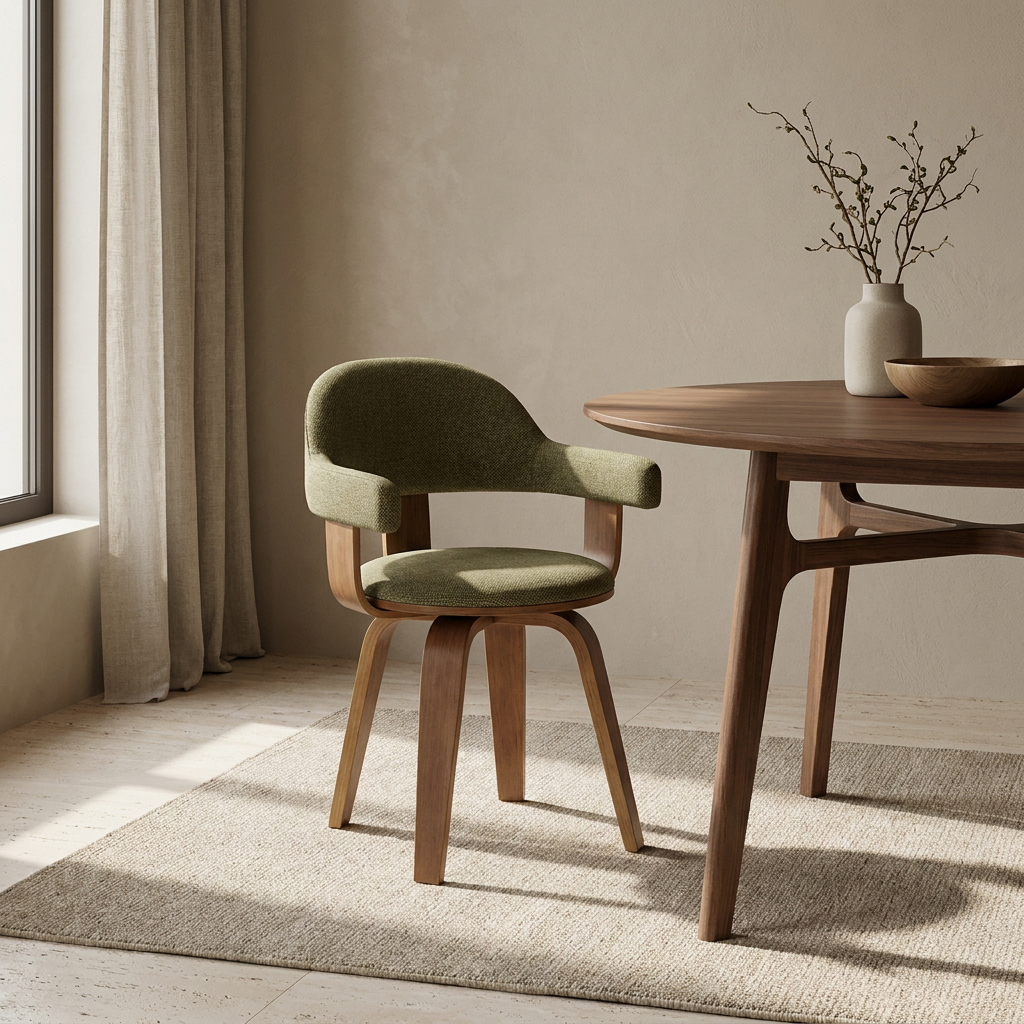 SORA Stuhl aus Stoff in Khaki mit drehbarem Fuß für Esstisch und Büro – Lorenz Laurent Home