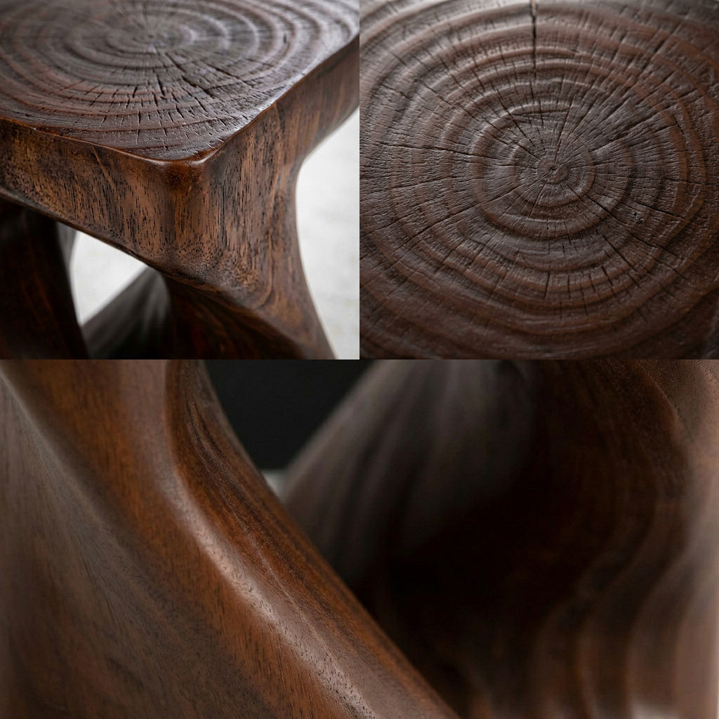 SPIRA Beistelltisch im Detail, Jahresringe der Deckfläche und gedrehte Seitenöffnung – Lorenz Laurent Home