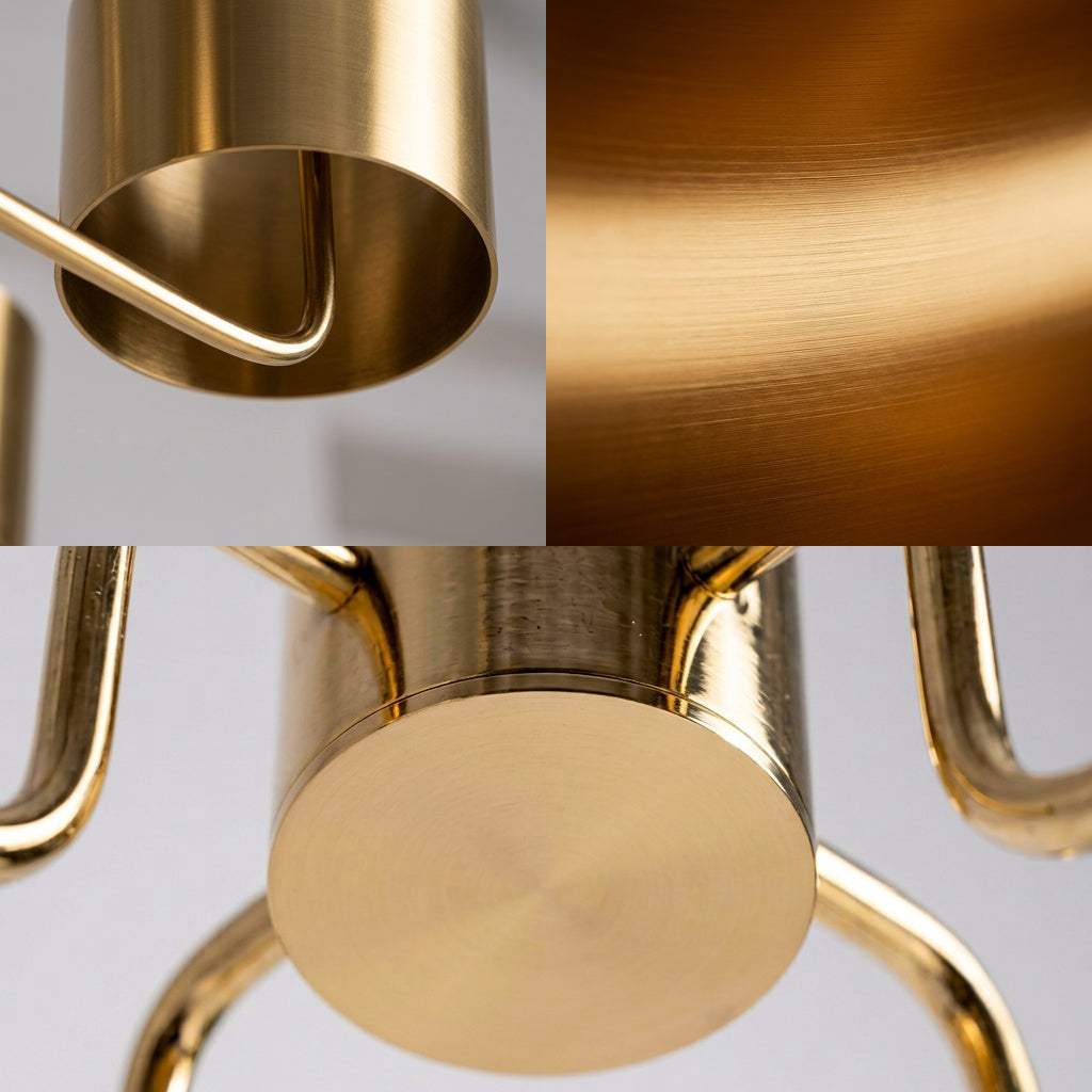 TAMBOUR Pendelleuchte im Detail, gebürstetes Messing und gebogene Tragbügel – Lorenz Laurent Home