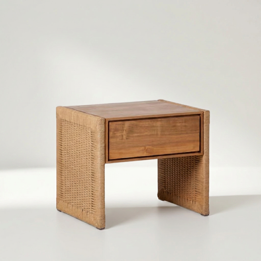 TAROK Nachttisch aus recyceltem Teakholz mit Flechtpaneelen, 55 x 40 x 50 cm – Lorenz Laurent Home