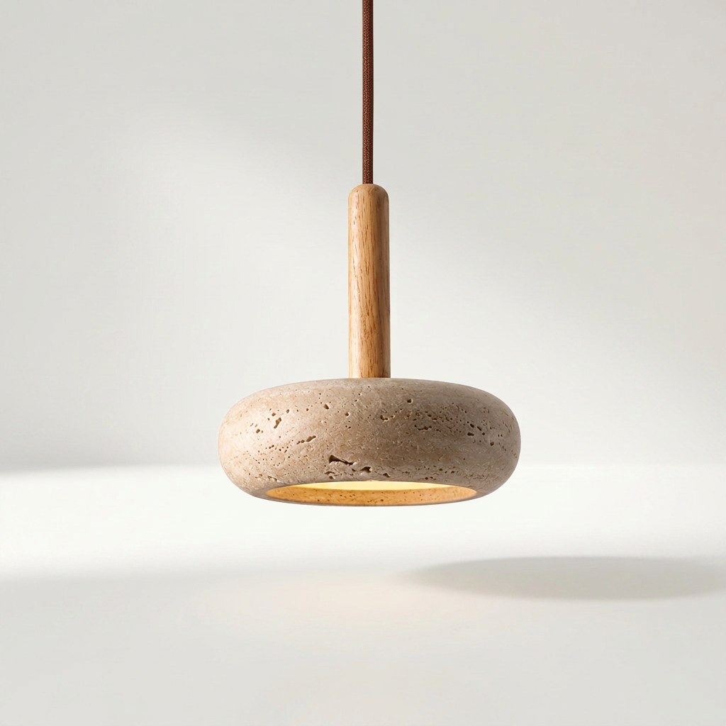 TAVO Pendelleuchte mit Schirm aus Travertinstein und Holz, klein mit Ø 15 cm – Lorenz Laurent Home