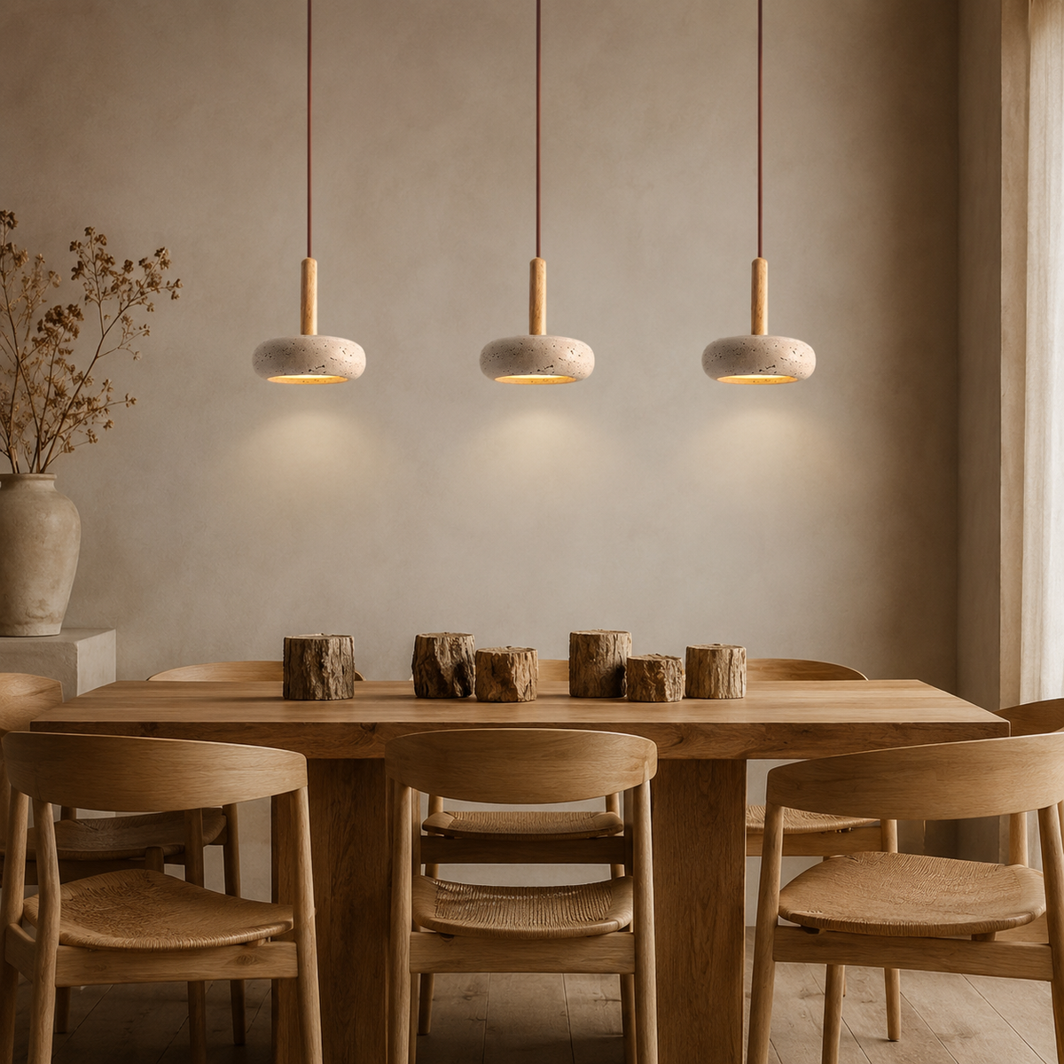TAVO Pendelleuchte aus Travertin und Holz, klein für Nischen und schmale Bereiche – Lorenz Laurent Home
