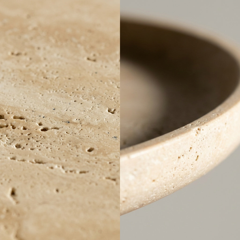 TAZZA Schale im Detail, poriger Travertin und der aufgestellte Rand – Lorenz Laurent Home
