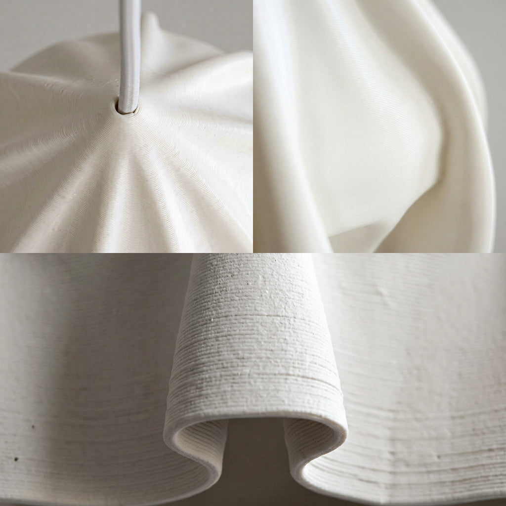 TELA Pendelleuchte im Detail, Kabelaustritt, Druckschichten und offene Zipfel – Lorenz Laurent Home