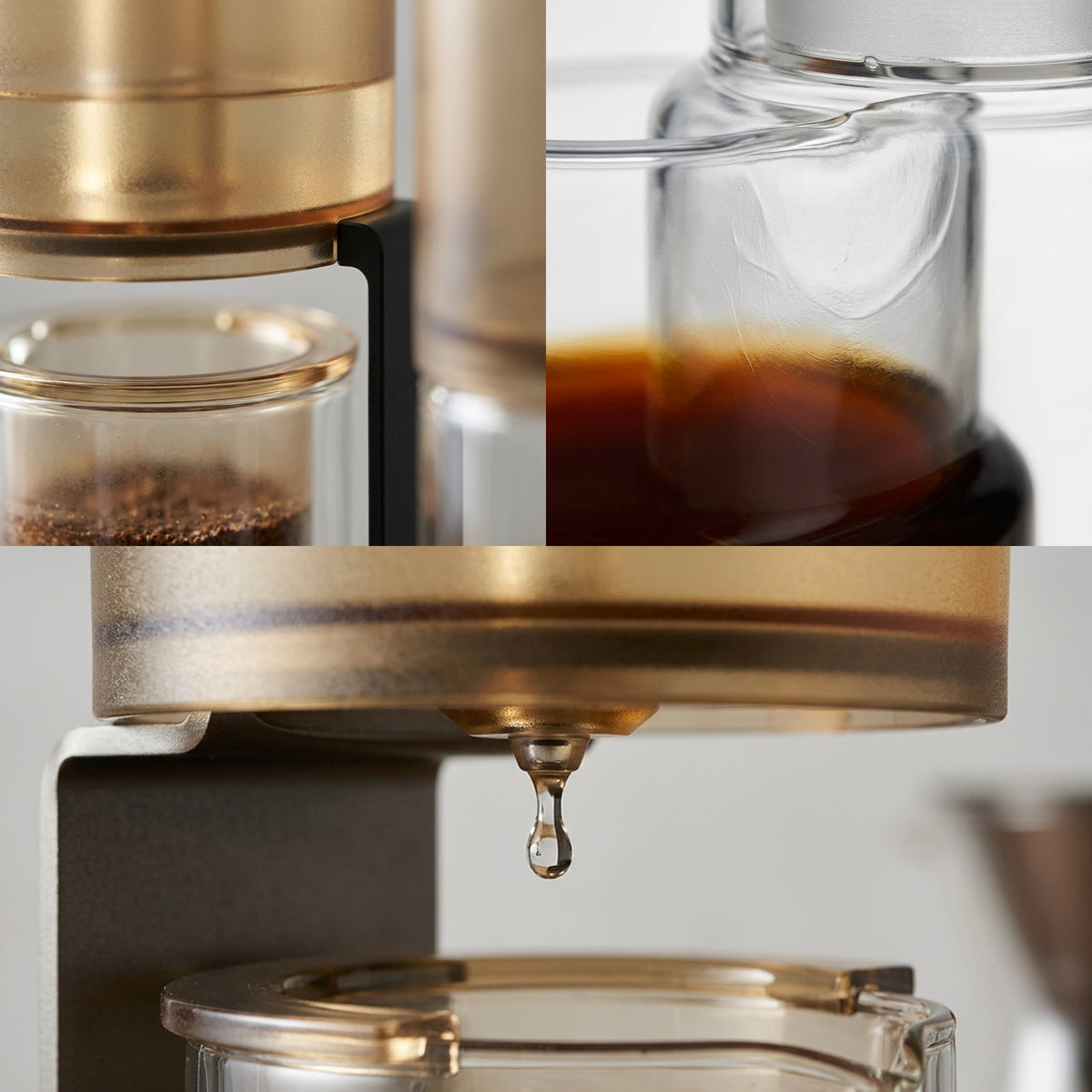 TRAMONTO Cold-Brew-Kaffeemaschine im Detail, Tankboden mit Tropfdüse, Glaskanne und schwarze Halterung – Lorenz Laurent Home