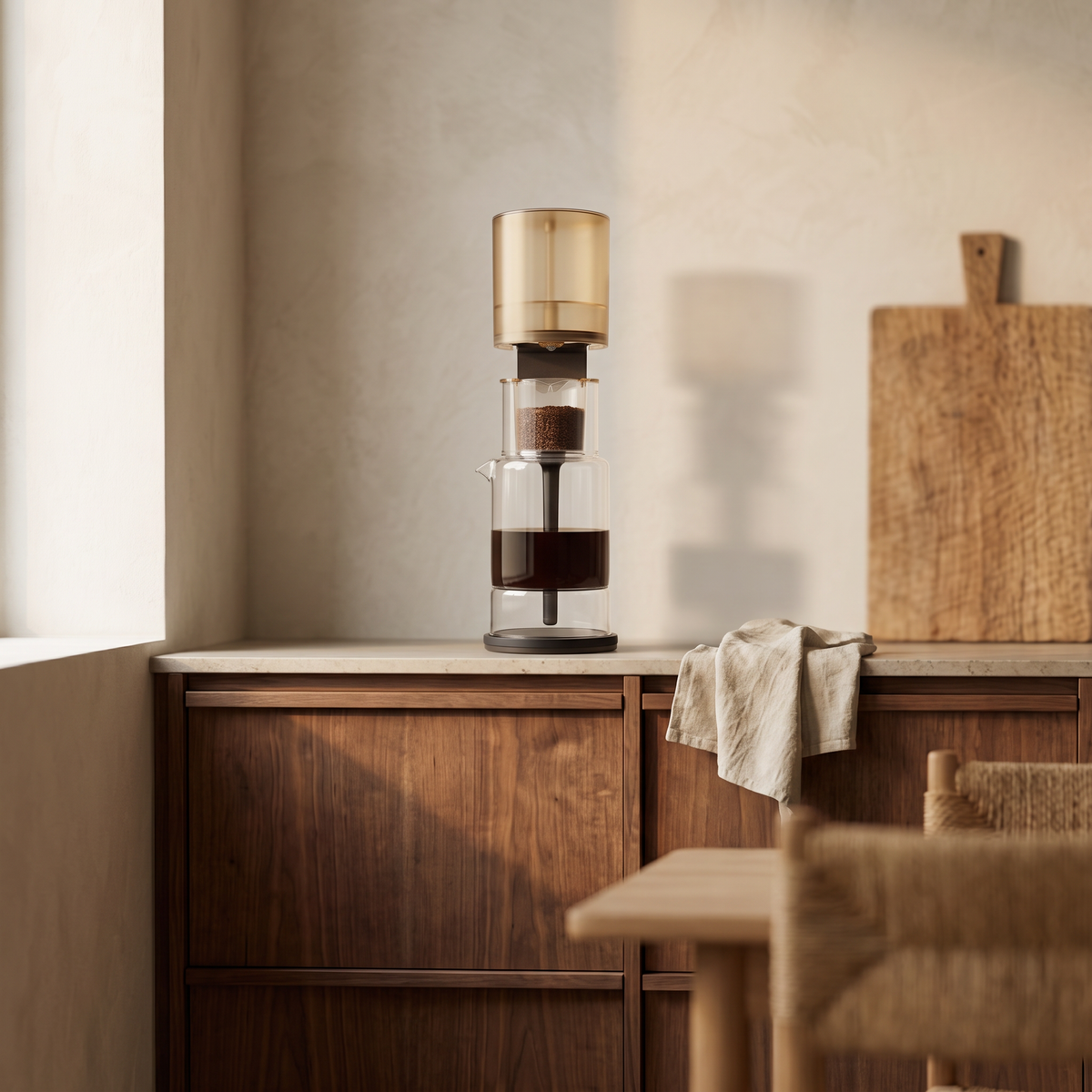 TRAMONTO Cold-Brew-Kaffeemaschine auf einer Küchenarbeitsfläche aus Stein vor einer Kalkputzwand – Lorenz Laurent Home