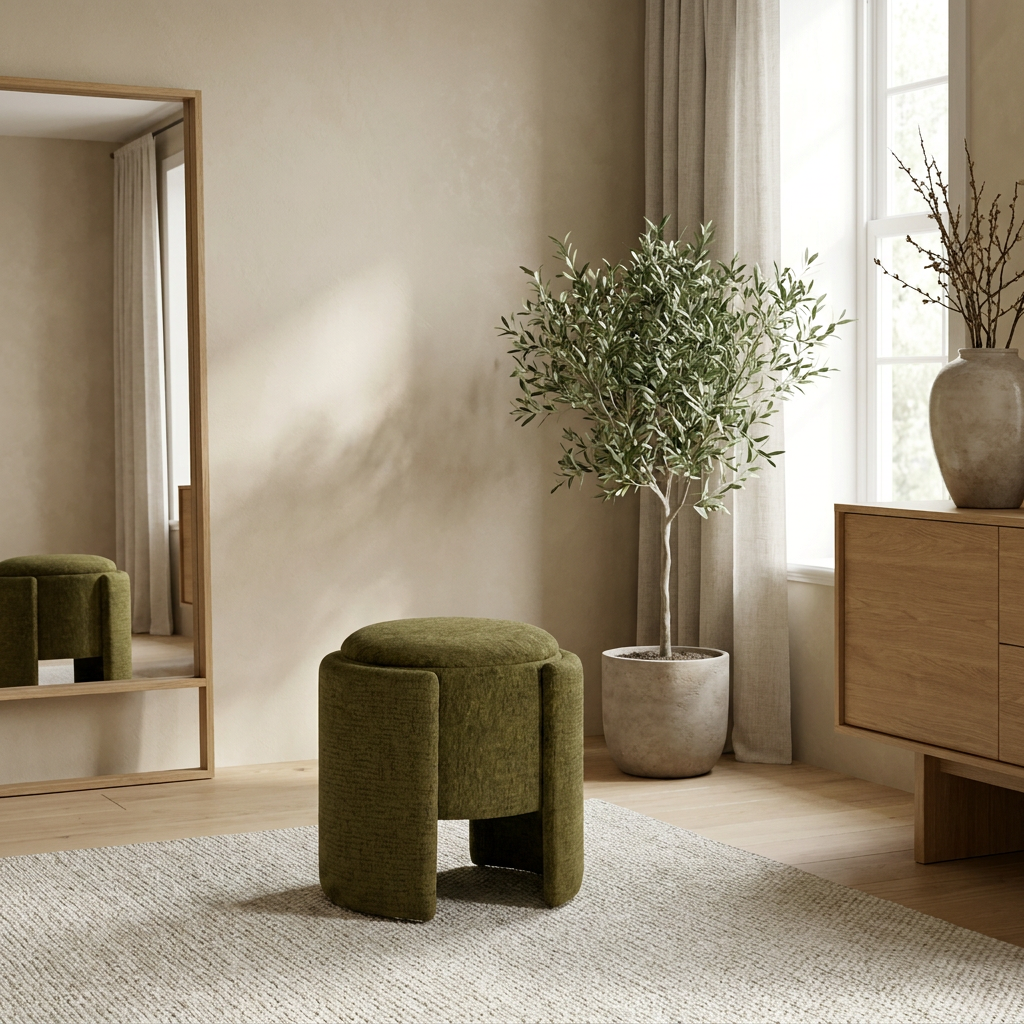 VALD Pouf in Grün als zusätzliche Sitzgelegenheit und Ablage neben Sofa und Sessel – Lorenz Laurent Home