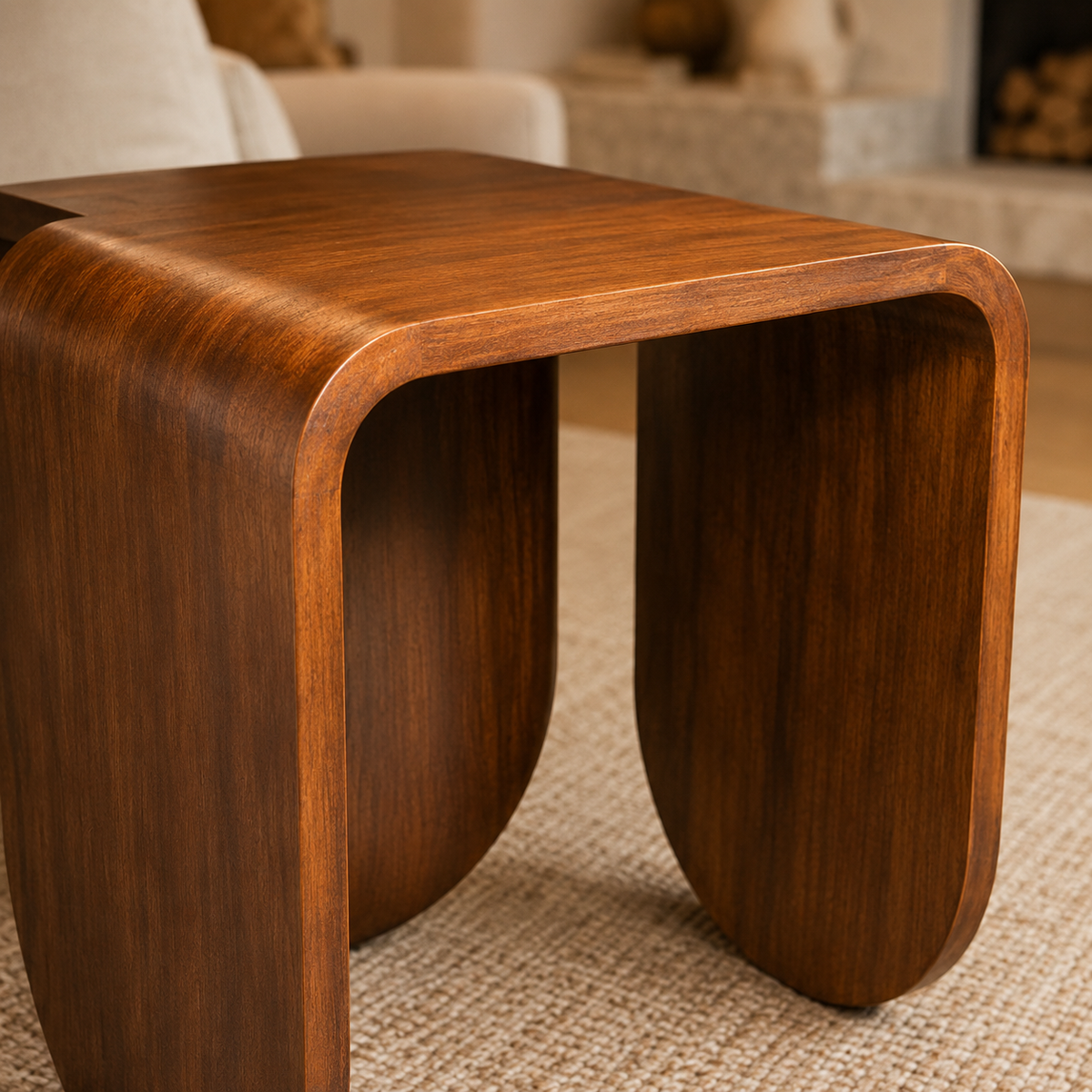 VAREN Beistelltisch aus Holz mit Wasserfallseiten und gebogener Form in Walnusston – Lorenz Laurent Home
