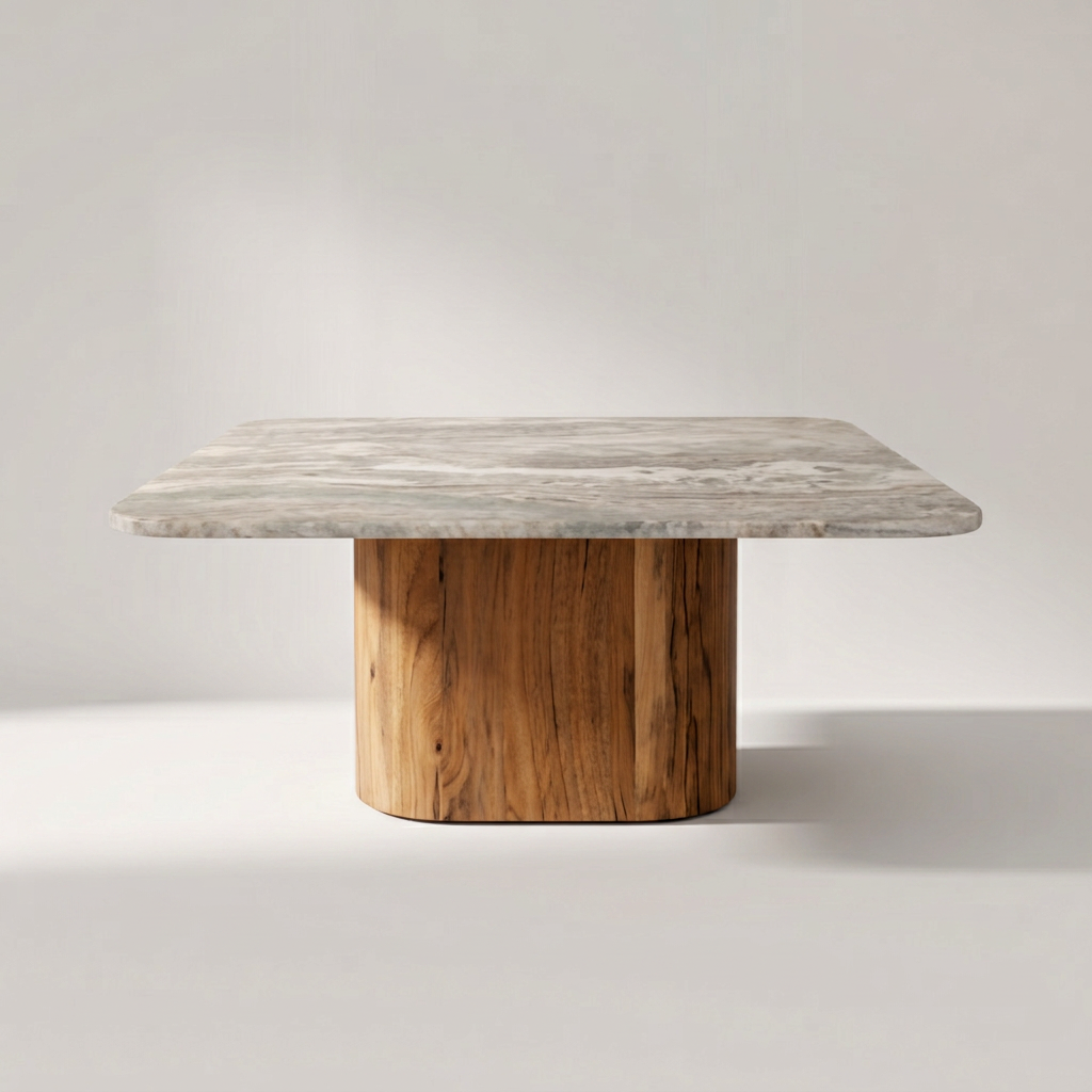 VENA Couchtisch mit quadratischer Naturmarmorplatte auf massivem Akaziensockel – Lorenz Laurent Home
