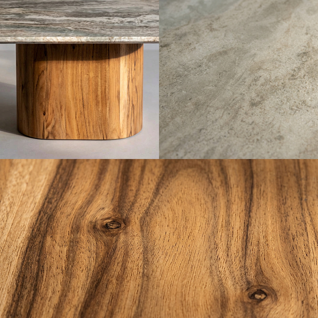 VENA Couchtisch im Detail, Marmorfuge, Steinoberfläche und Akazienmaserung – Lorenz Laurent Home