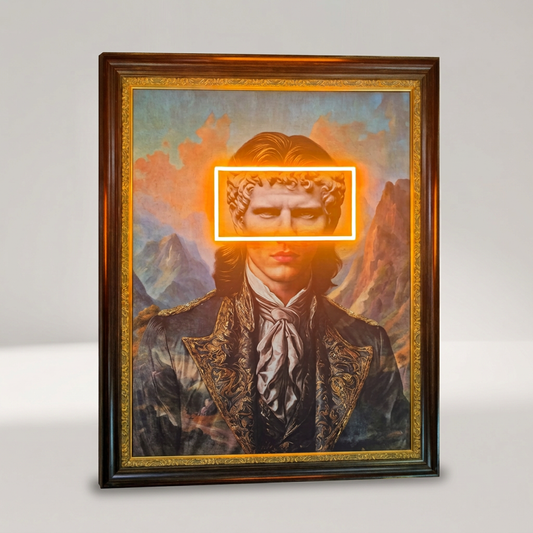 VISIER Wandbild mit orangefarbenem Balken im breiten dunklen Rahmen mit Goldkante – Lorenz Laurent Home