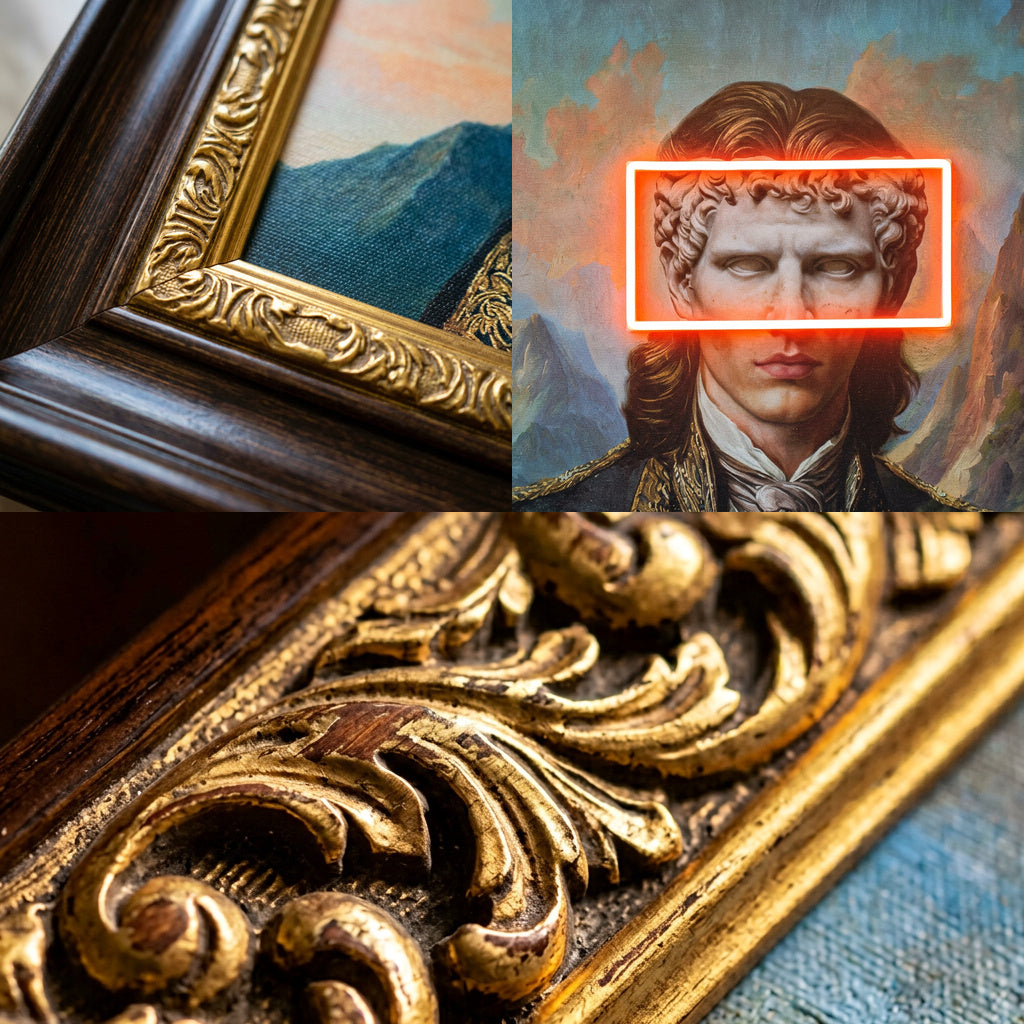 VISIER Wandbild im Detail, Rahmeninnenkante, Balken und Goldornament – Lorenz Laurent Home