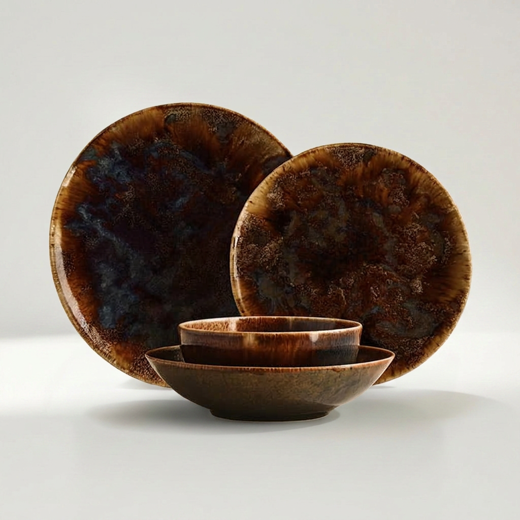 VOLCA Tafelservice aus Porzellan in Braun, 48-teilig mit Tellern Ø 27 cm – Lorenz Laurent Home