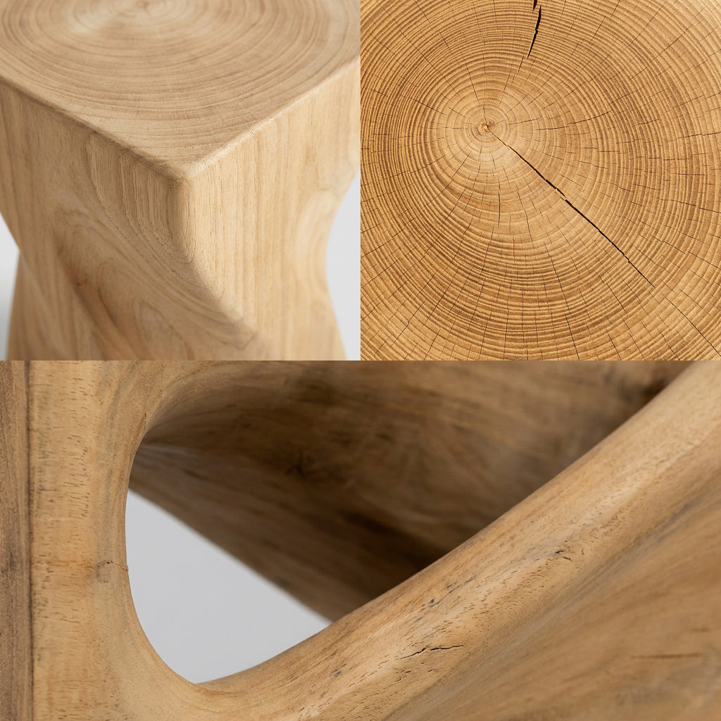 VOLTA Beistelltisch im Detail, Hirnholz der Deckfläche und gedrehter Durchbruch – Lorenz Laurent Home