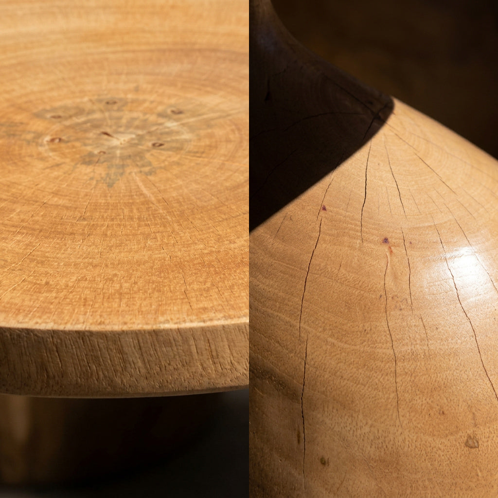 XYLO Beistelltisch, Hirnholzplatte und geschwungener Fuß aus Mangoholz im Detail – Lorenz Laurent Home