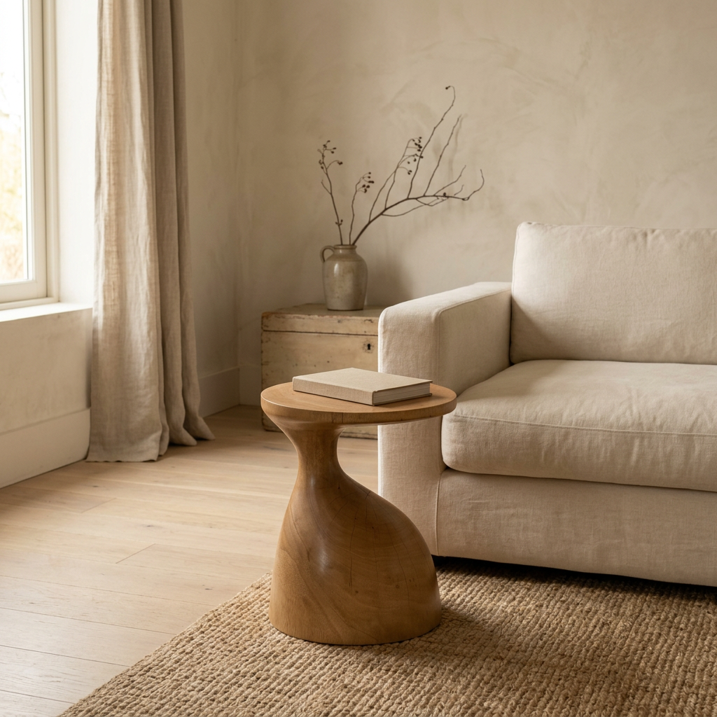 XYLO Beistelltisch aus Mangoholz neben einem Leinensofa – Lorenz Laurent Home