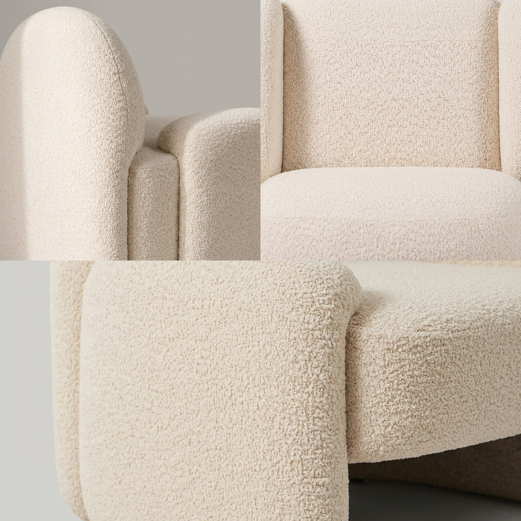 ZENITH Sessel im Detail, Bouclé-Bezug an Lehnenkante, Armrolle und Sitzblock – Lorenz Laurent Home