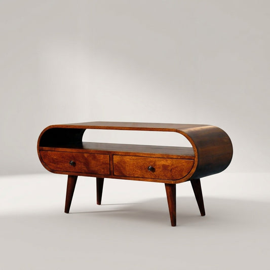 Lorenz Laurent – KAPSEL Sideboard aus Mangoholz in Kastanienbraun mit zwei Schubladen und offenem Fach auf konischen Beinen