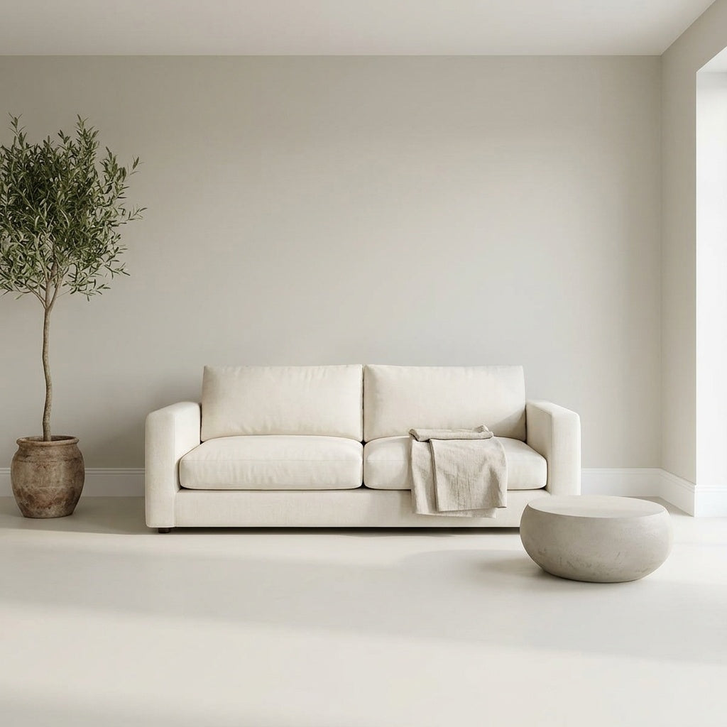 Lorenz Laurent – KIESEL Hocker neben einem hellen Sofa mit Olivenbaum vor glatt gestrichener Wand