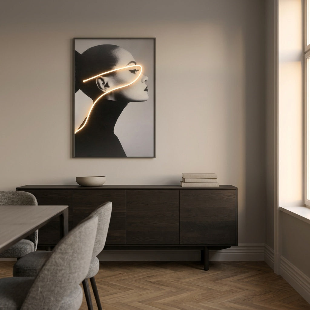 Lorenz Laurent – KONTUR LED-Wandbild über einem dunklen Sideboard im Esszimmer